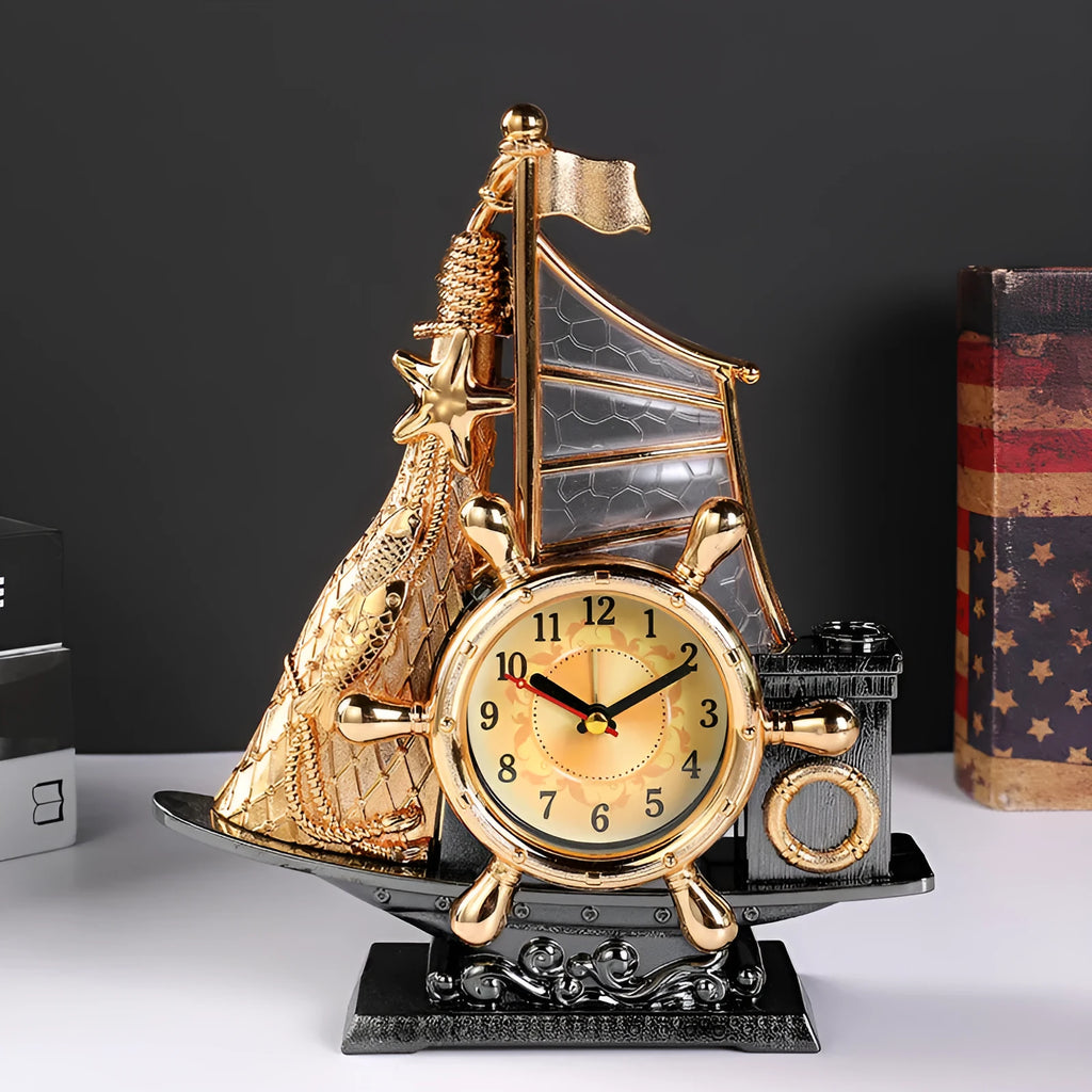 Gold or silver fashionable bedroom alarm clock on a bedside table.
