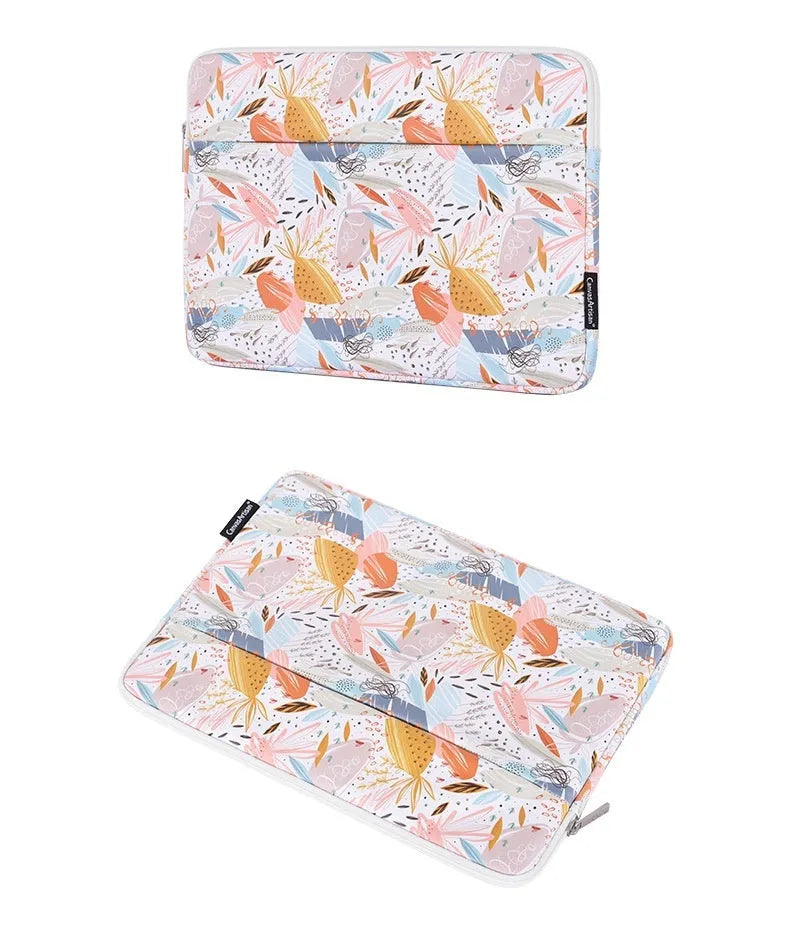 White waterproof PU leather laptop inner sleeve for 14 inch computers, shown with size options.