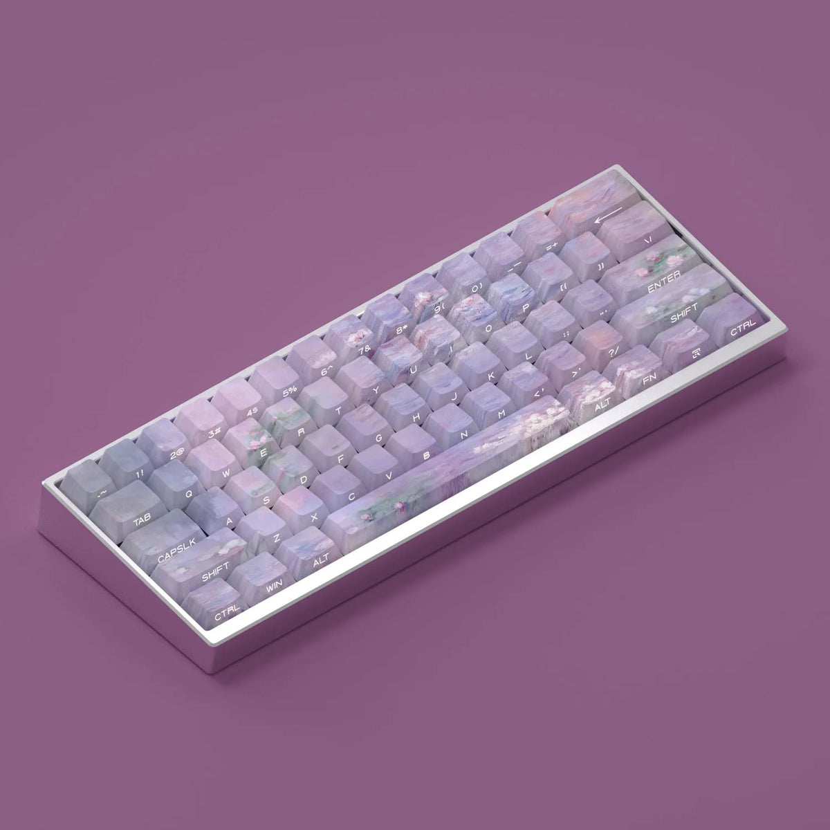 Wenshao Sleeping Lotus PBT keycap set with 130 keys showing side-carved transparent character design