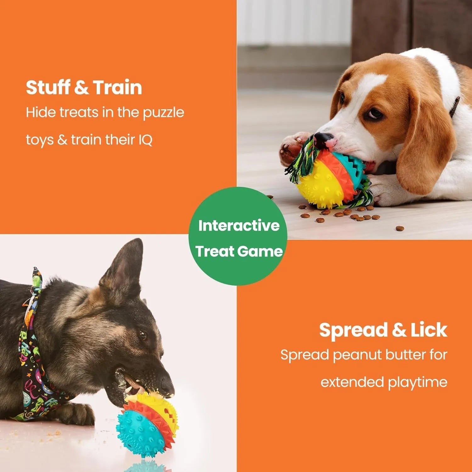 Blue red and yellow ball-shaped dog toy with treat dispenser hole and rope attachment