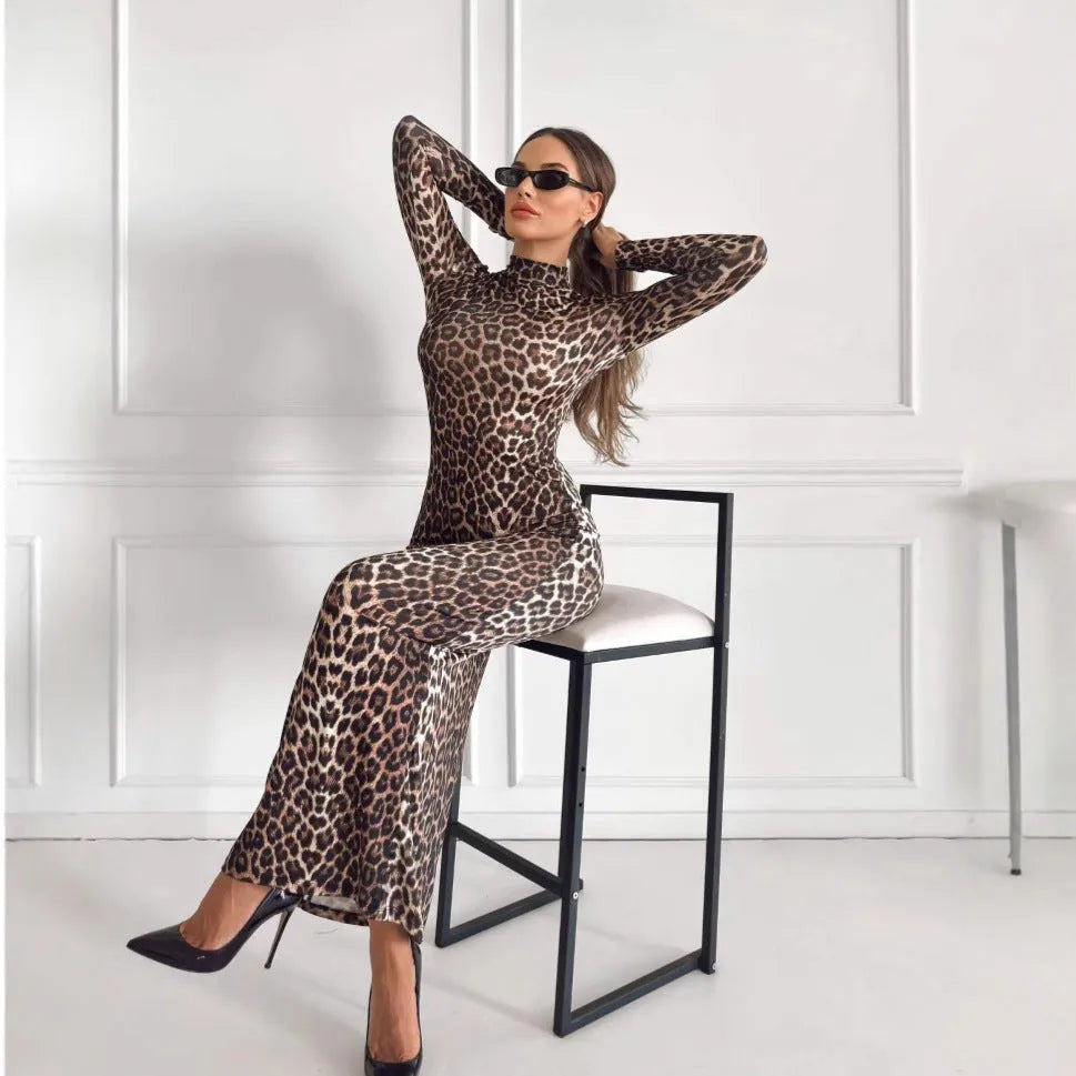 Leopard print long sleeve dress with stand collar and high waist hip skirt