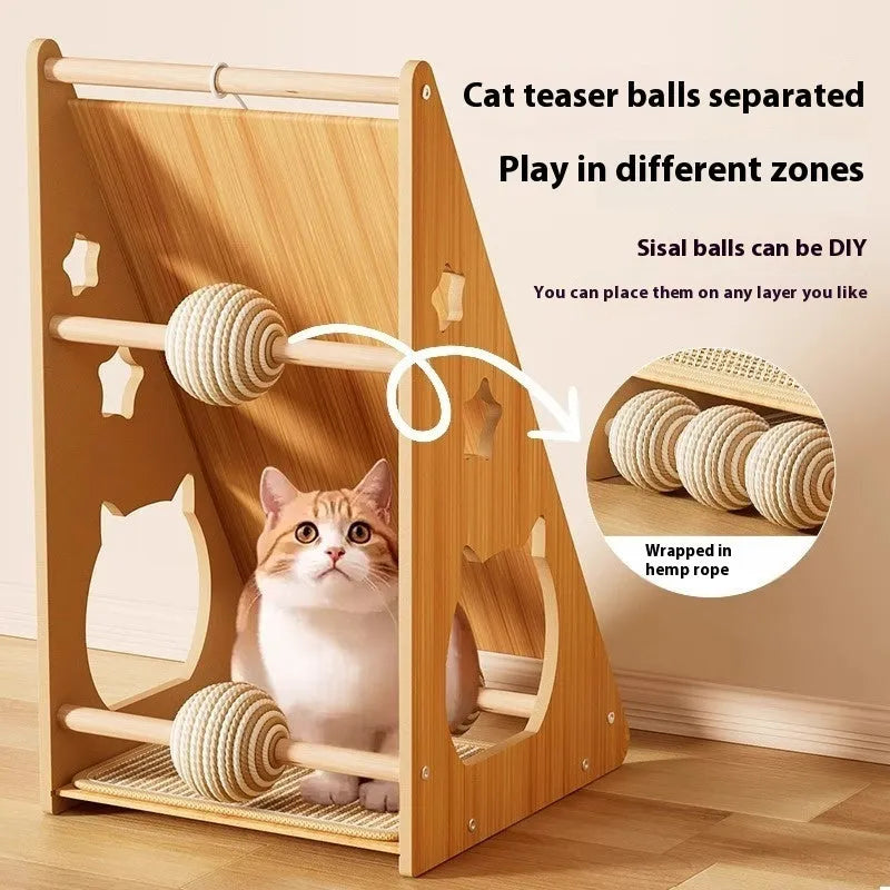 Vertical wall-mounted cat scratch board with hemp rope and attached teasing ball