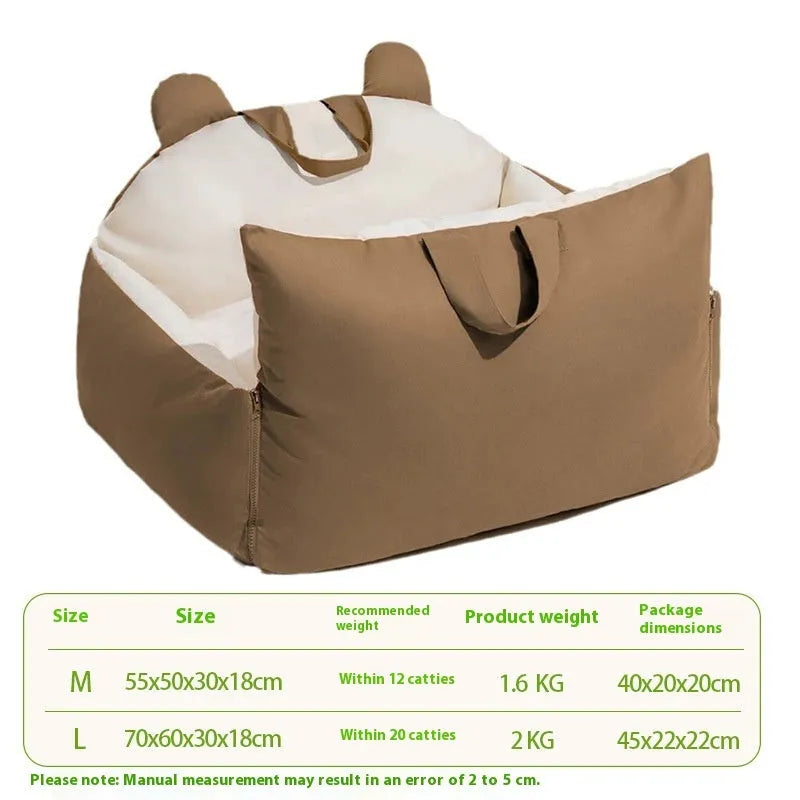 Removable washable dog car kennel in beige, shown in Medium and Large sizes for vehicle travel safety.