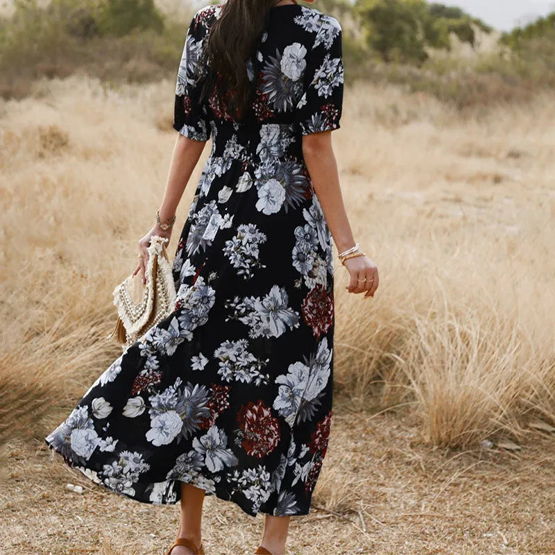 Women's floral summer beach dress with V-neck and high waist in yellow black or blue mid-length print