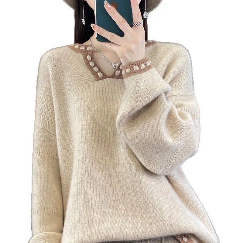 Women's camel V-neck viscose pullover sweater with long sleeves on hanger