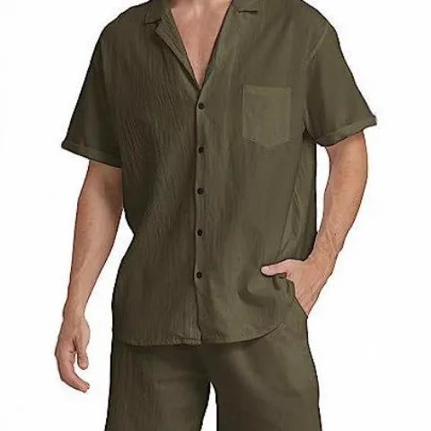 Men's summer sports shorts suit in cotton linen blend showing short-sleeved top and matching shorts
