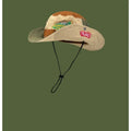 Army green foldable fisherman hat with patchwork design and flat top crown