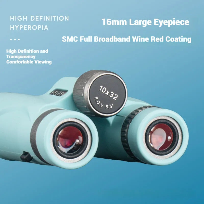 Blue or grey coloured compact 10x32 binoculars with wine red film coating on the lenses.