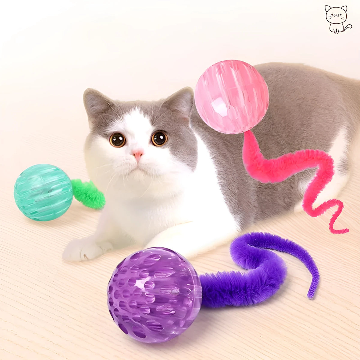 Interactive bouncy ball cat toy with elastic tail in TPR and plush materials