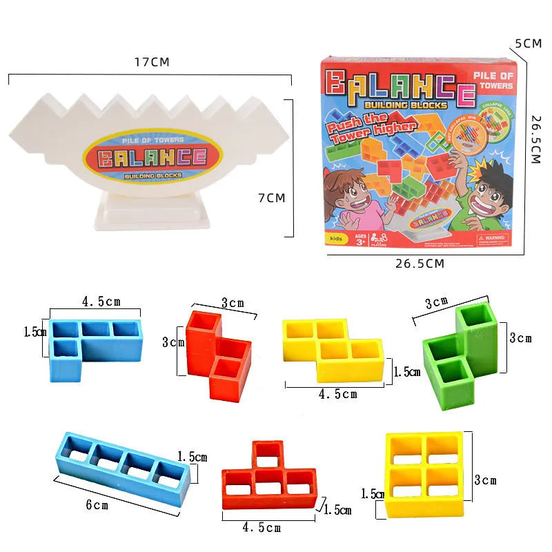 Plastic balance stacking board game with colourful blocks, chassis, and base on table