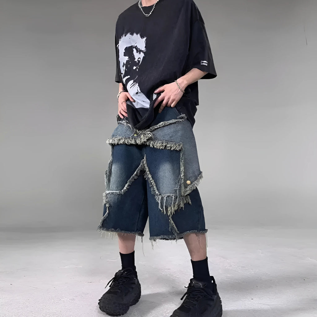 Blue retro denim shorts with frayed five-pointed star design and loose fit for men