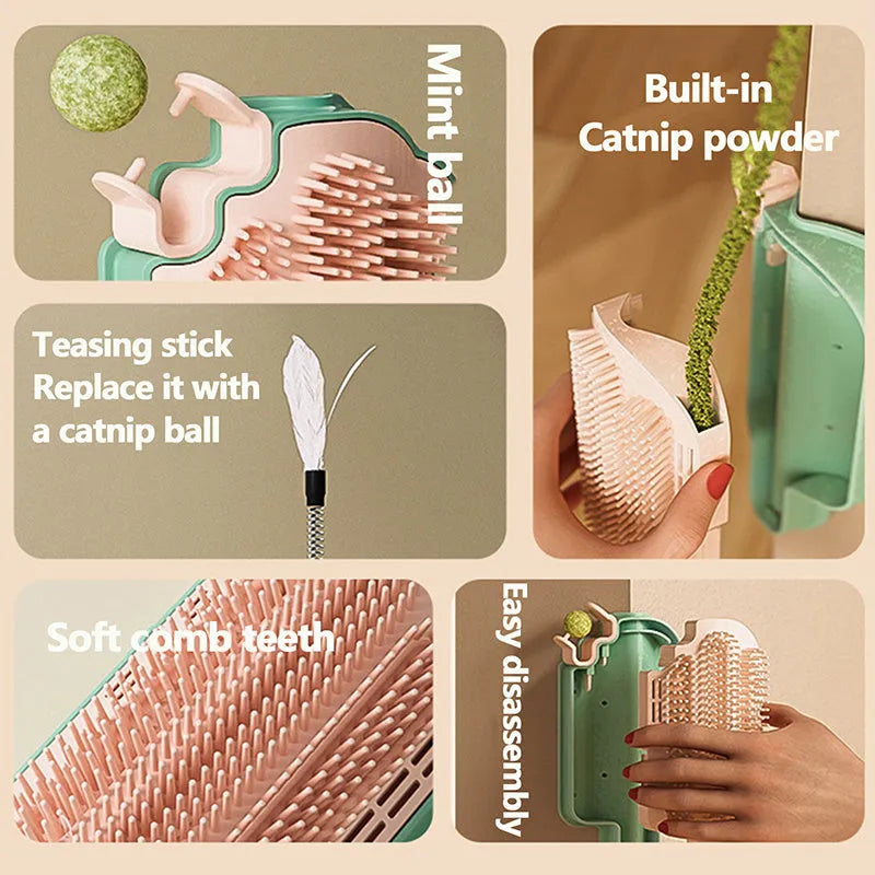Ice cream cone shaped cat grooming toy with mint ball and feather attachment.