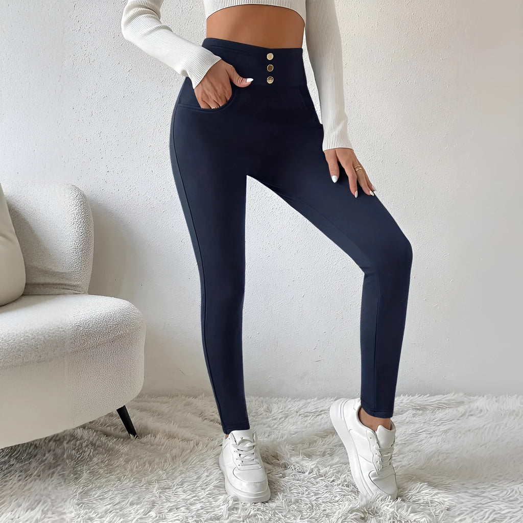 Navy blue women's high-waist trousers with straight leg cut on hanger