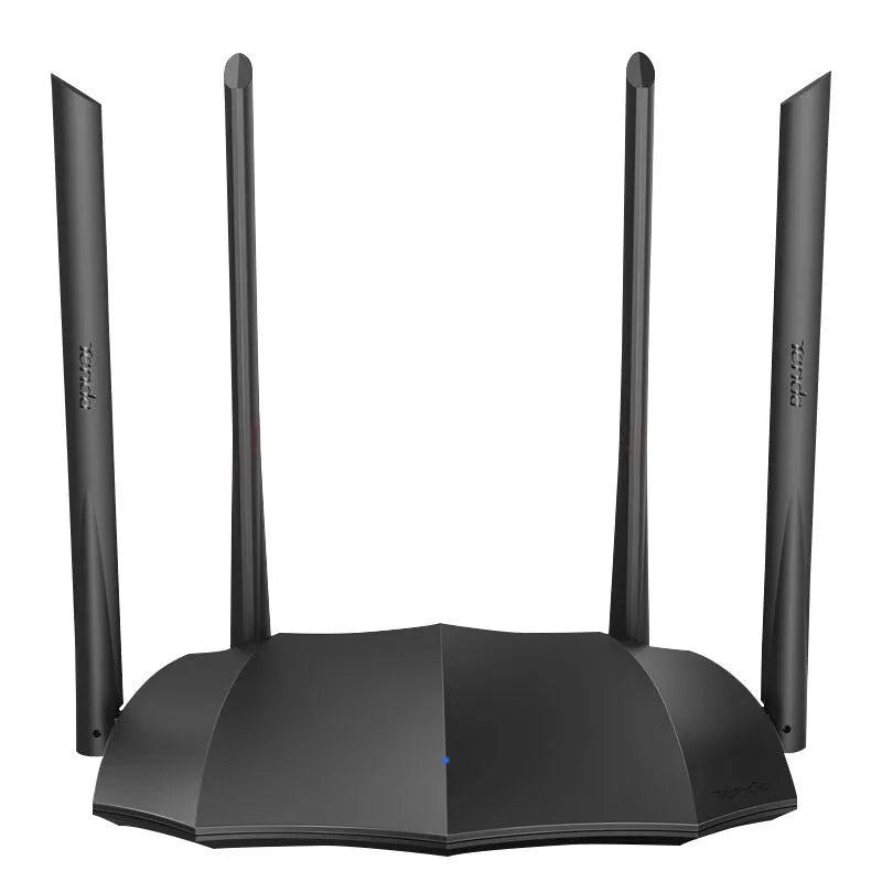AC8 dual-band wireless gigabit router with compact black design on a desk.