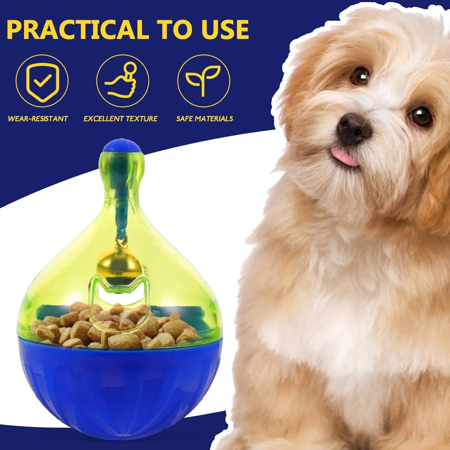 Blue pet treat tumbler dispenser for dogs and cats with interactive ball design