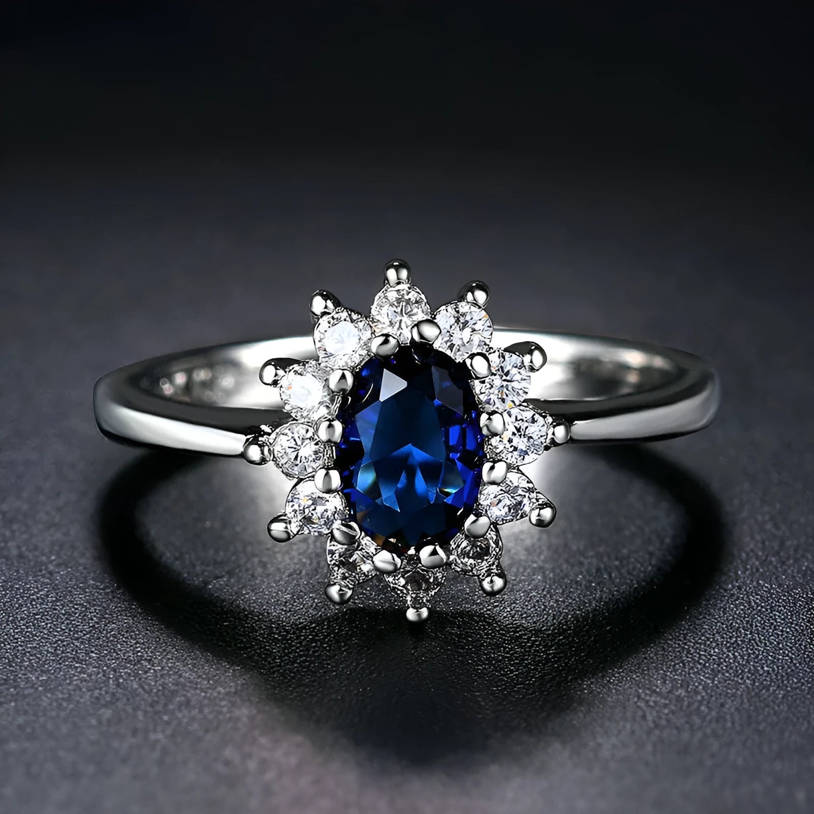 Blue moissanite women's ring with electroplated copper floral design and zirconium inlay details