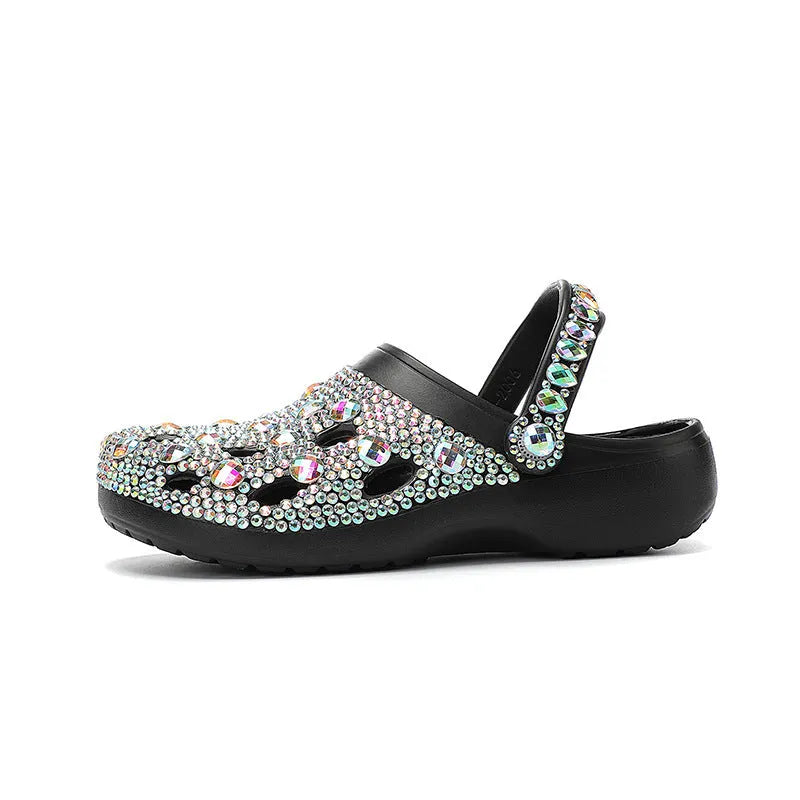Black platform sandals with rhinestone decoration and hole shoes design for women