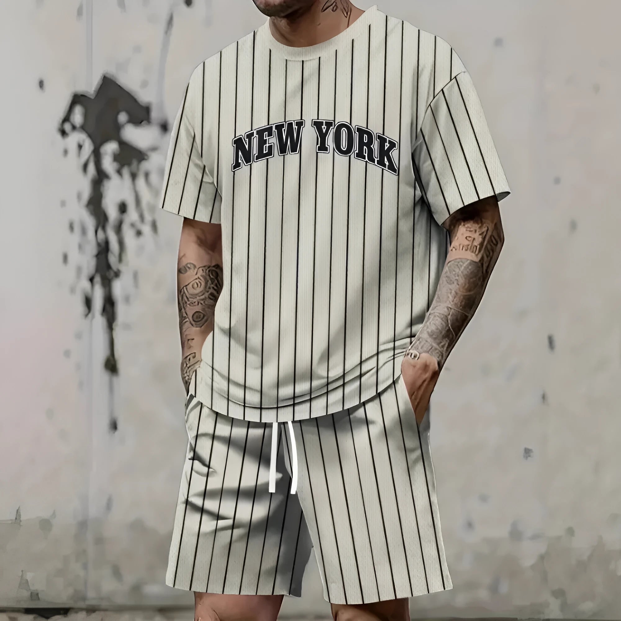 Man wearing a grey 3D printed letter design short sleeve top and matching shorts sports set.