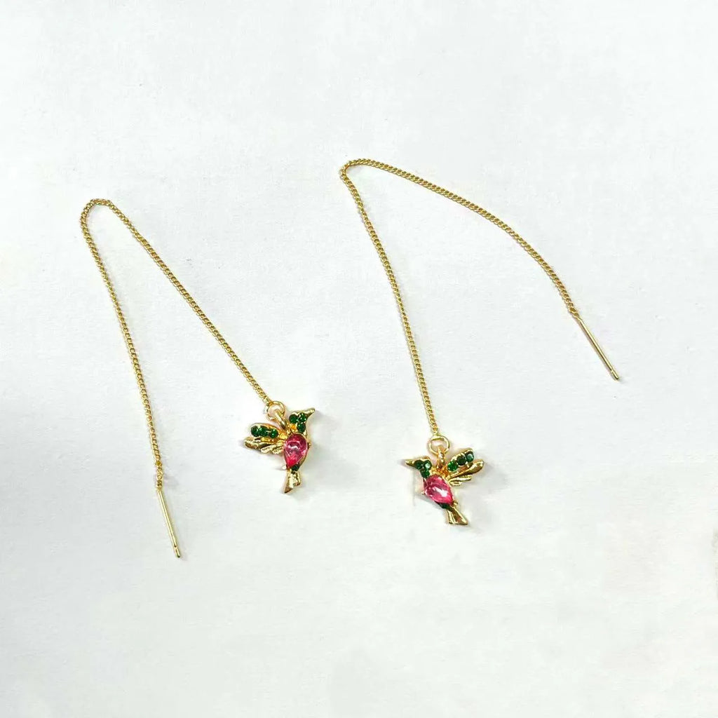 Long style bird hanging earrings with mixed zirconium wings in alloy electroplated construction