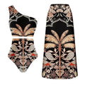 Women's black one-piece polyester swimsuit on a hanger, with alternative yellow and printed styles shown.