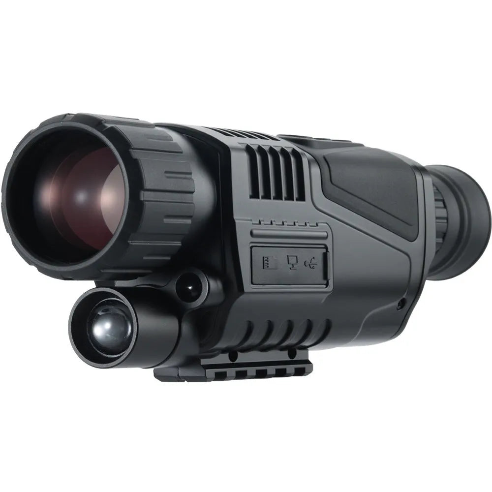 Black infrared digital night vision telescope with camera lens, rubber grip, and wrist strap on a table.