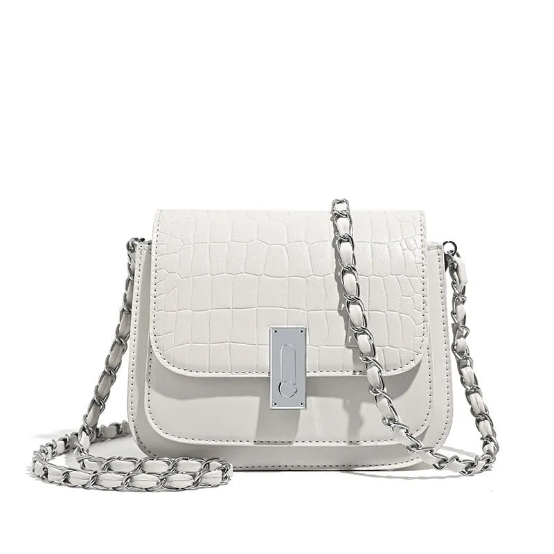 Black soft PU women's chain shoulder bag with sandwich pocket design and decorative sewing thread.