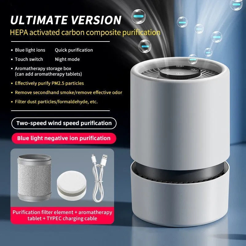 White EJ-JHQ101 desktop USB air purifier with simple style on a desk.