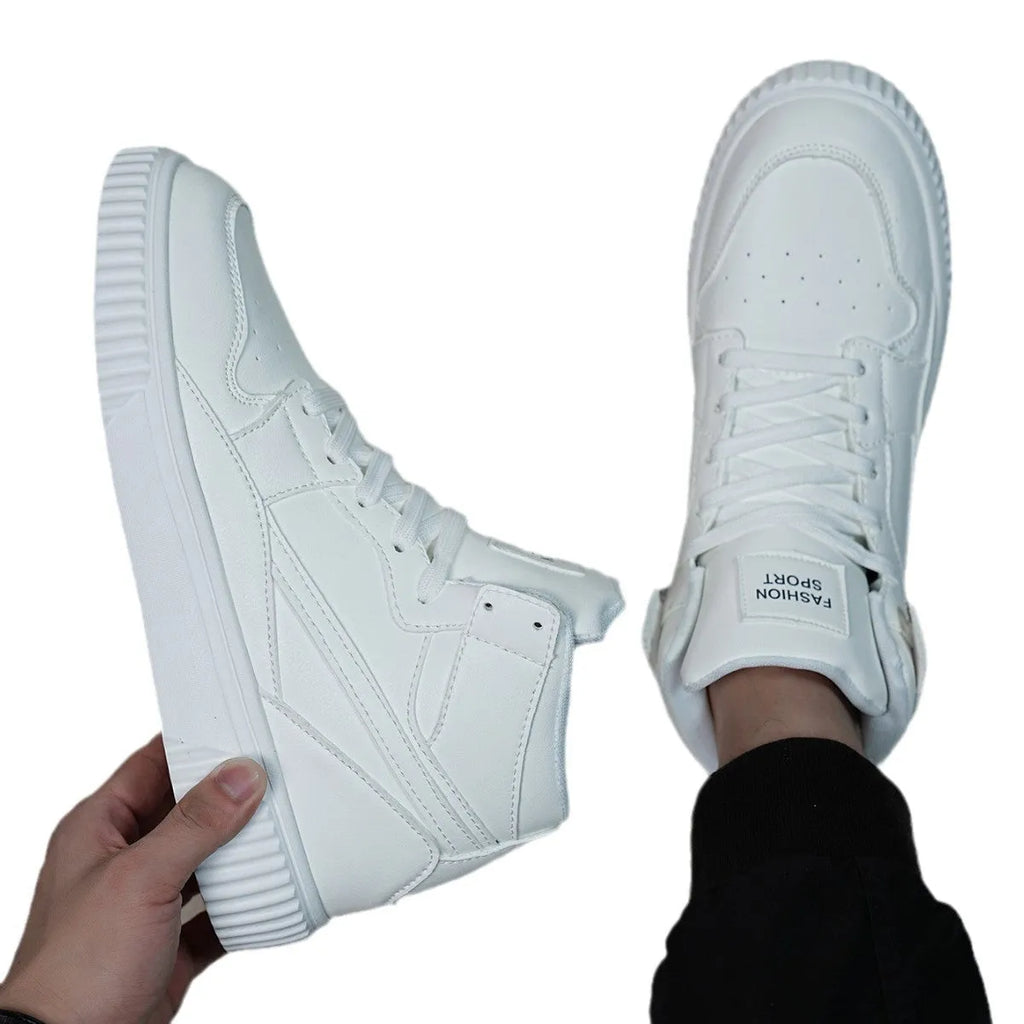 Men's white casual shoes with round toe and microfiber upper for autumn and winter leisure wear