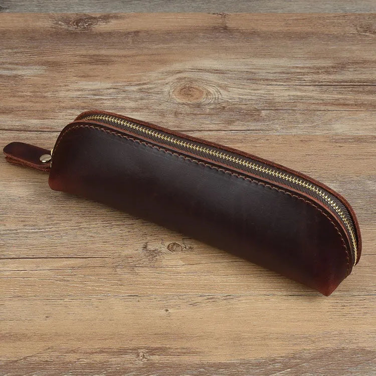 Handmade cowhide leather pencil case with zipper closure in square design