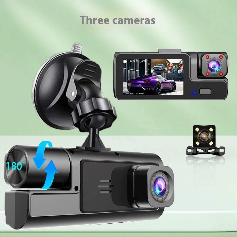 Front and rear WiFi car dash cam on windscreen with 2.0-inch screen showing reversing camera image.