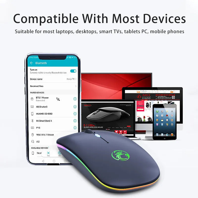Black or white dual-mode wireless silent mouse with luminous charging indicator and adjustable DPI settings