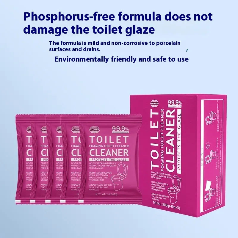 Toilet effervescent cleaning powder in blue ocean or pink floral fragrance, packaged in a large bag or box of sachets