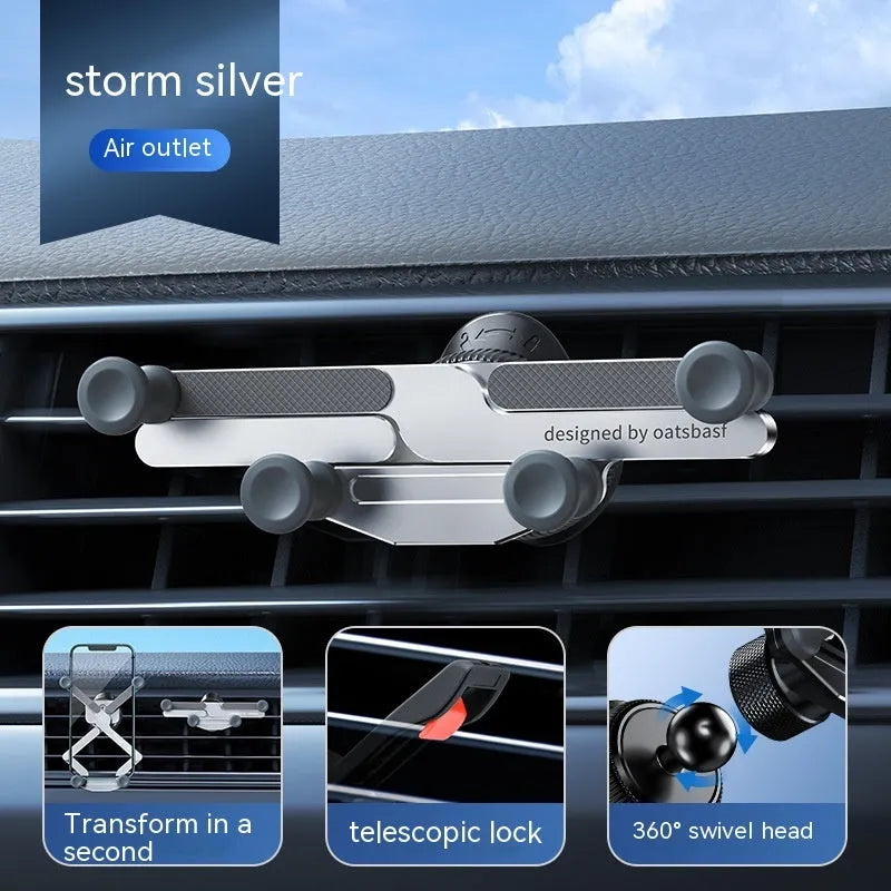 Invisible alloy snap-on mobile phone holder for car air vent in black, silver and grey colours.