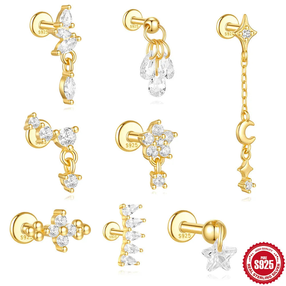 S925 sterling silver geometric star earrings with moon diamond embed in gold colour