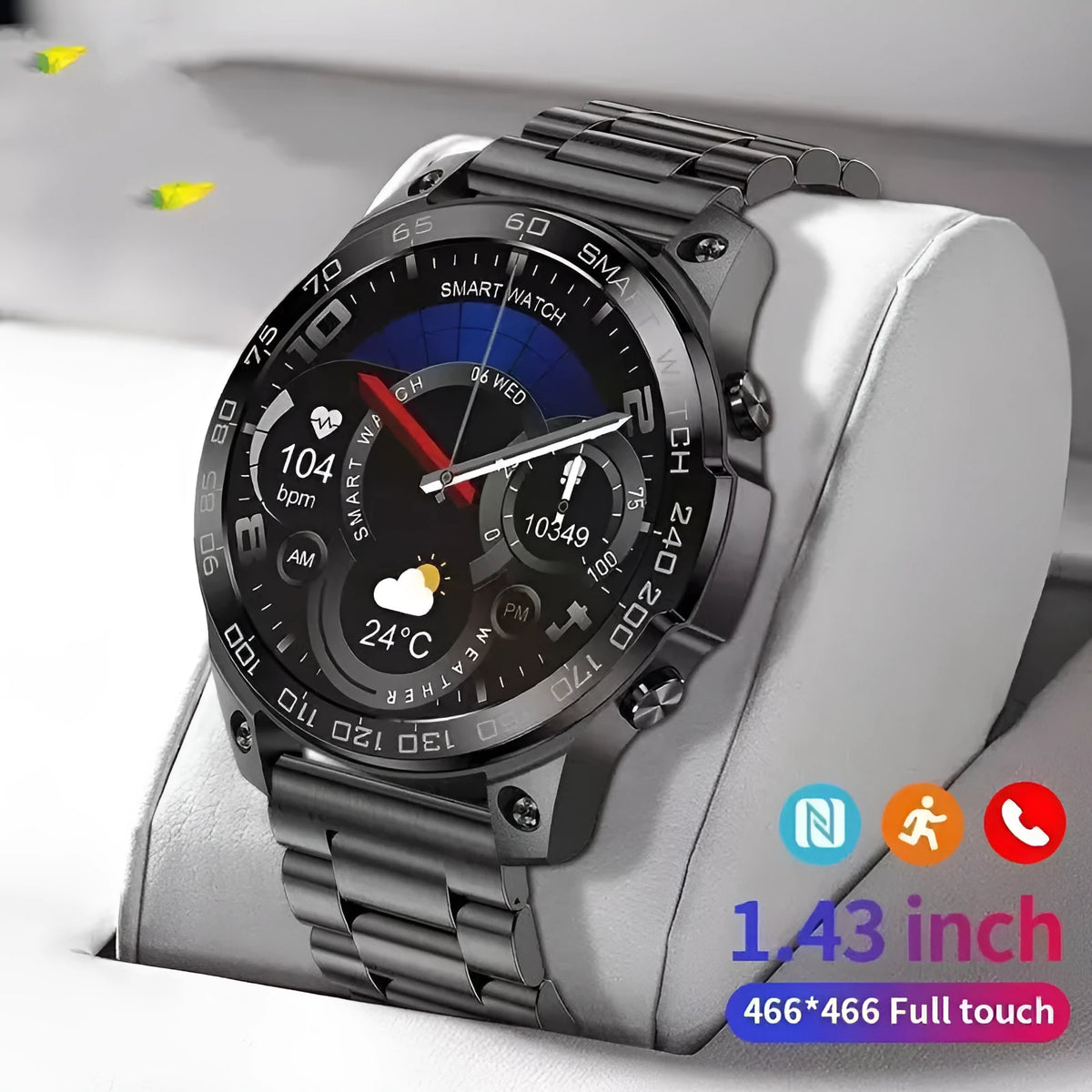 Black sports smartwatch with round AMOLED screen on silicone strap, showing always-on display with fitness metrics.