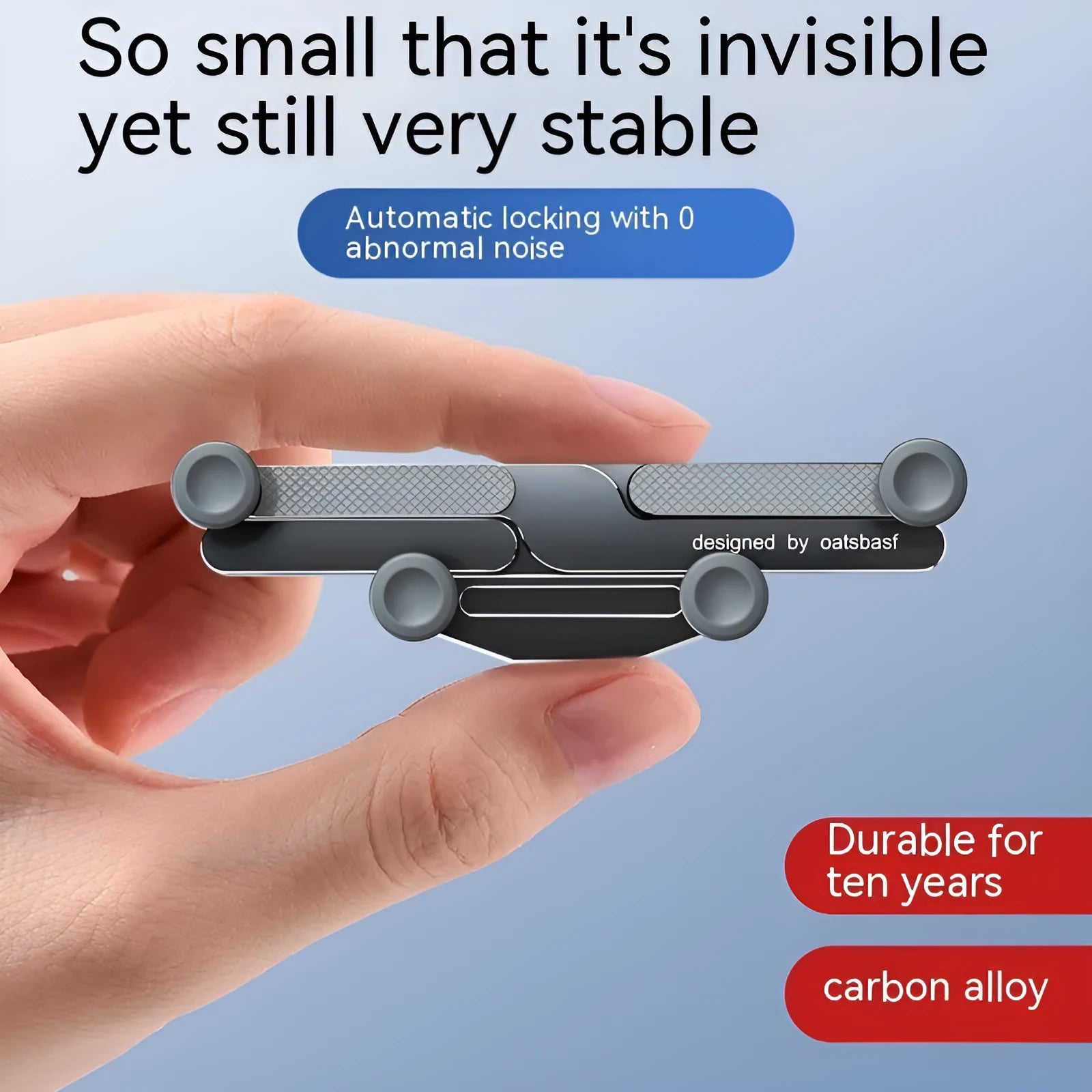 Invisible alloy snap-on mobile phone holder for car air vent in black, silver and grey colours.