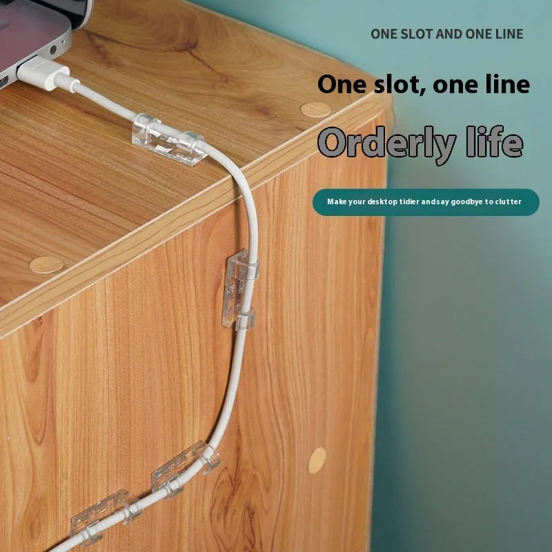 Transparent plastic self-adhesive cable management snap clips in a pack of 20.