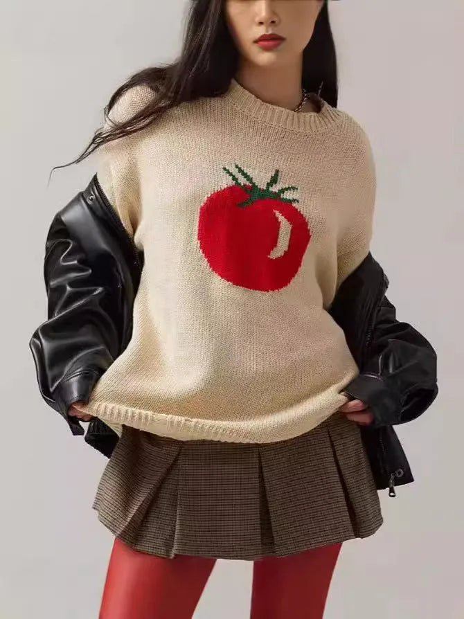 Milky white women's loose-fit pullover sweater with Jacquard knit texture on a hanger.