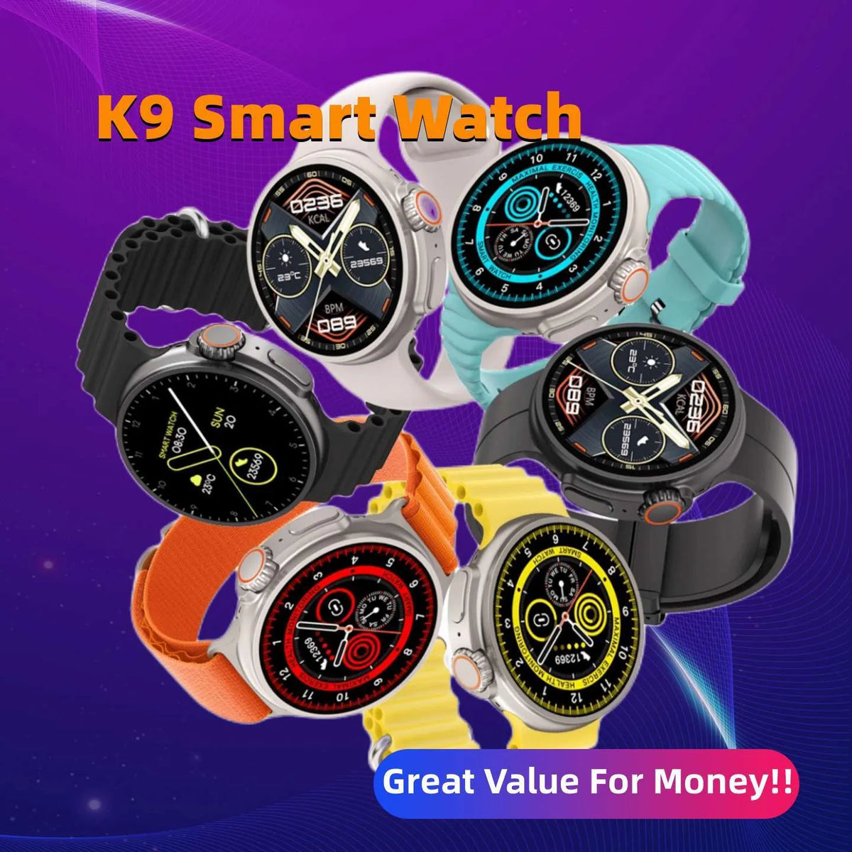 K9 smart watch with round screen showing health metrics and NFC payment interface