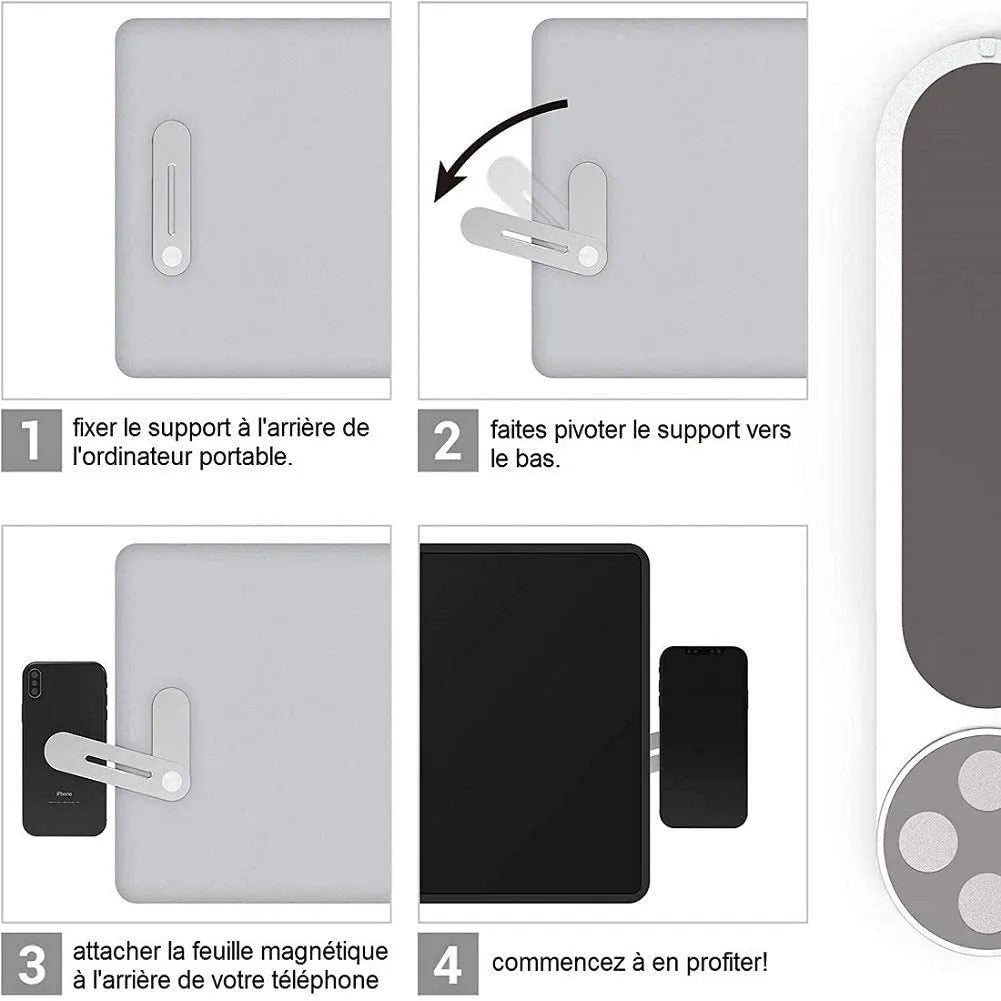 Aluminum laptop side mount bracket holding a mobile phone next to a laptop screen.