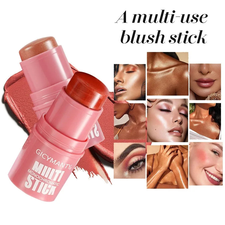 Cream blush stick in plastic casing with thin glittering colour rendering, 4.2 net content, six shade options