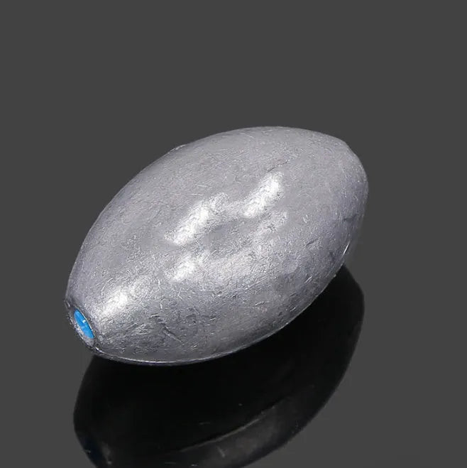 Rugby-shaped olive lead fishing sinker with plastic core in multiple weight sizes