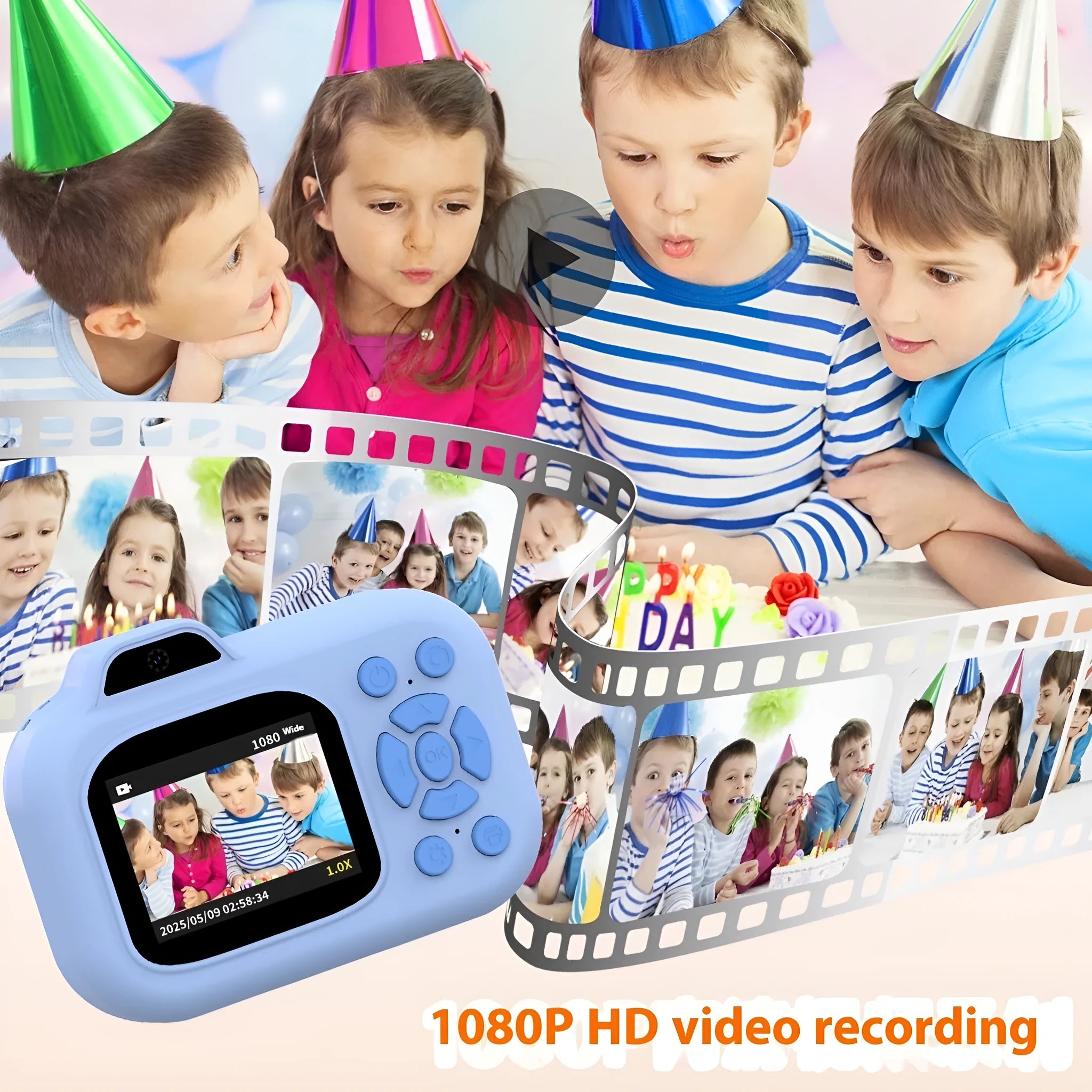 Children's digital toy camera in pink, blue, or purple colour with video, photo, game, and MP3 functions