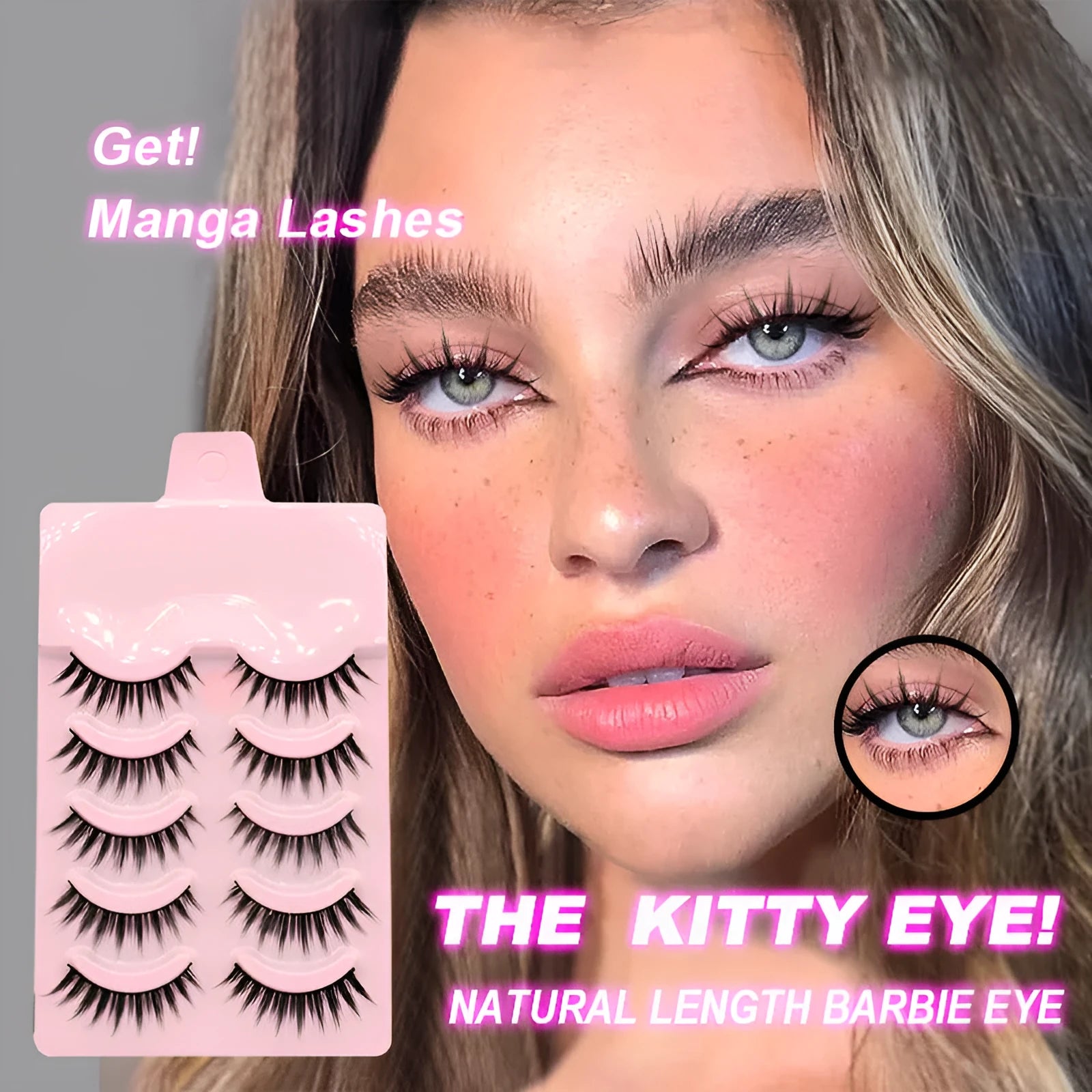 Set of manga-style false eyelashes in three wispy styles 007, 008, and 009 with black plastic bands.