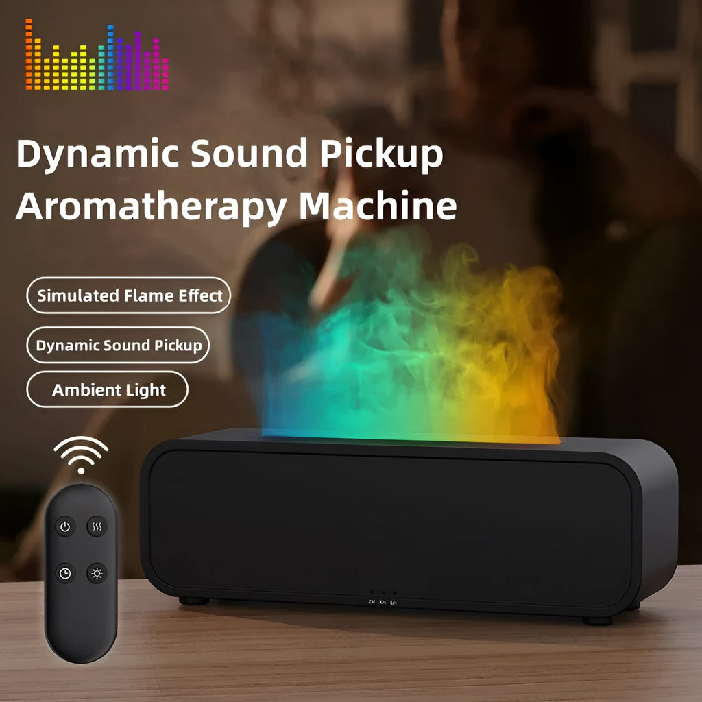 Black and white USB aroma diffuser with remote control and colour-changing lights on a wooden surface