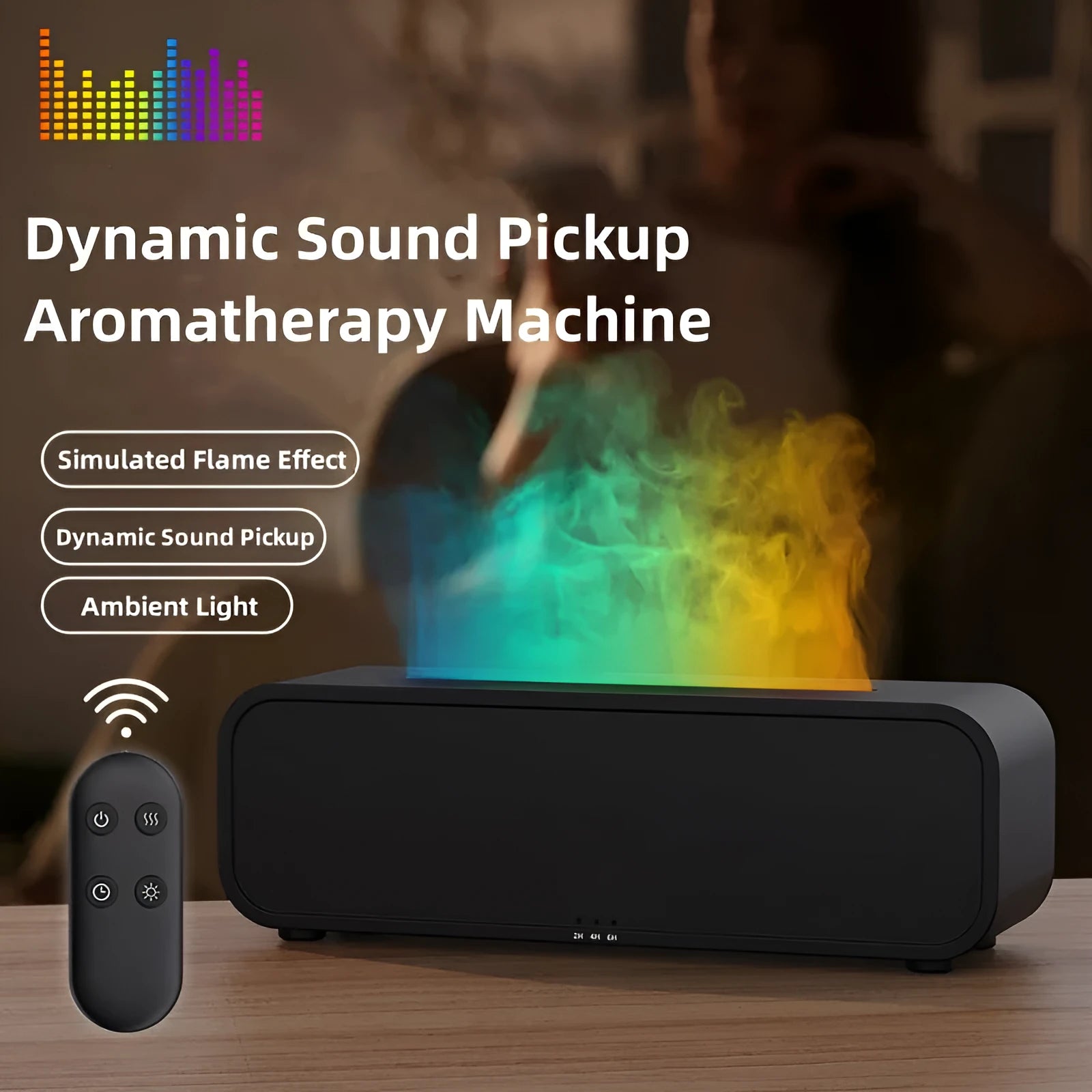 Black and white USB aroma diffuser with remote control and colour-changing lights on a wooden surface