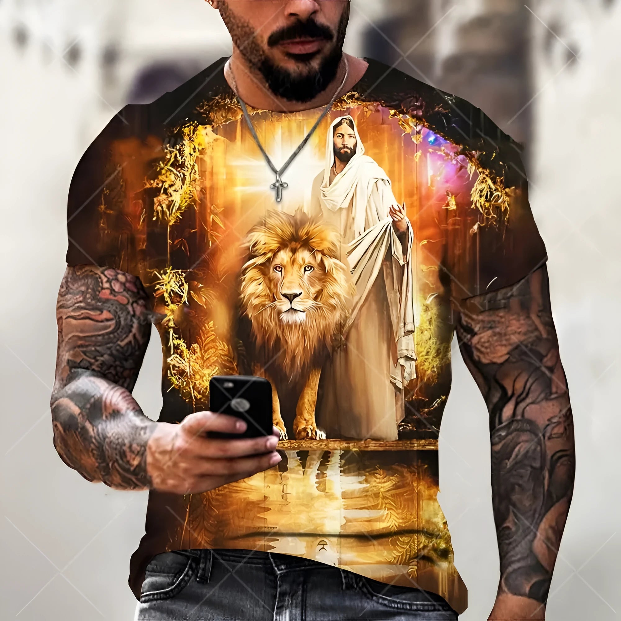 Men's grey T-shirt with a 3D printed Jesus design on the chest, short sleeves, made from Bird Eye cloth.