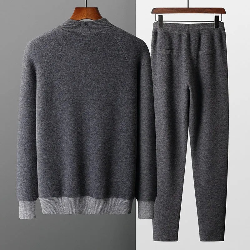 Men's camel coloured cashmere blend knitted cardigan suit with half turtleneck zipper and matching trousers