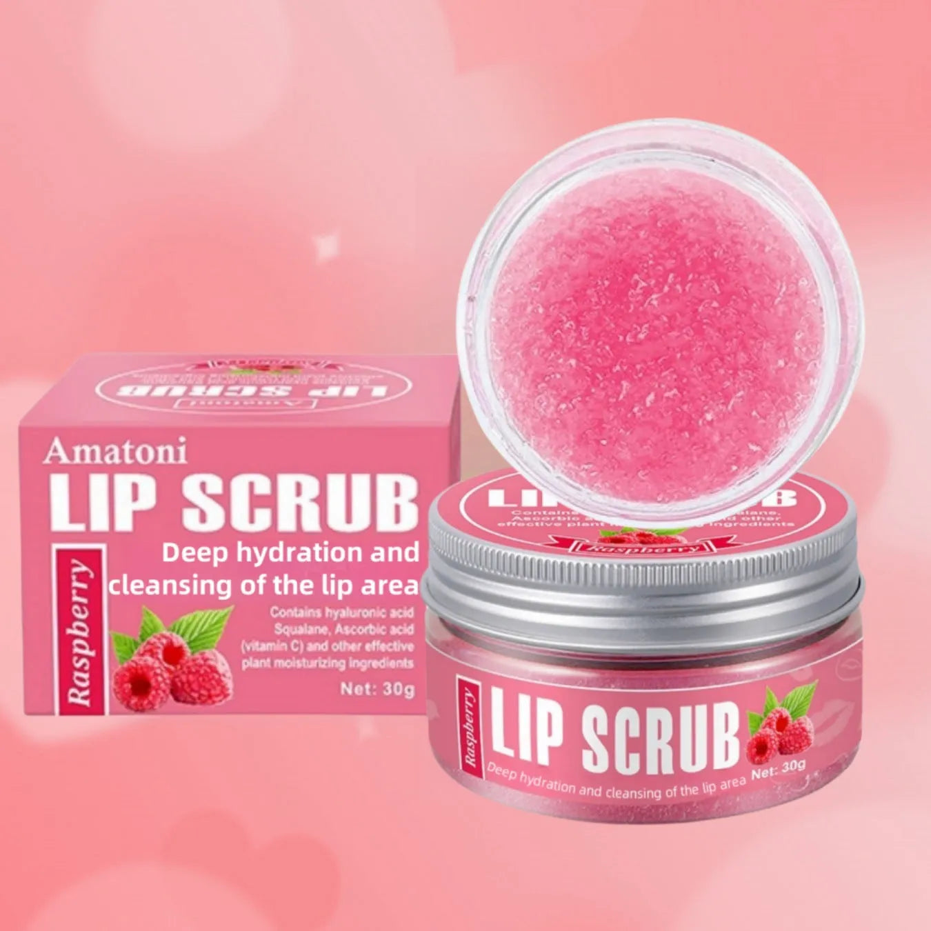 Amatoni Lip Scrub Cream pot in fruit flavours including coconut, raspberry, vanilla, and watermelon, 30g net weight.