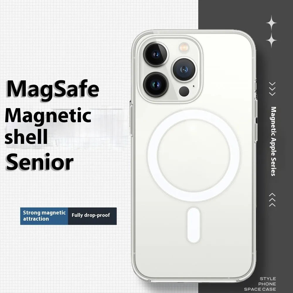 Transparent magnetic straight edge phone case for Apple 16 and 16 Plus with airbag drop-resistant corners.